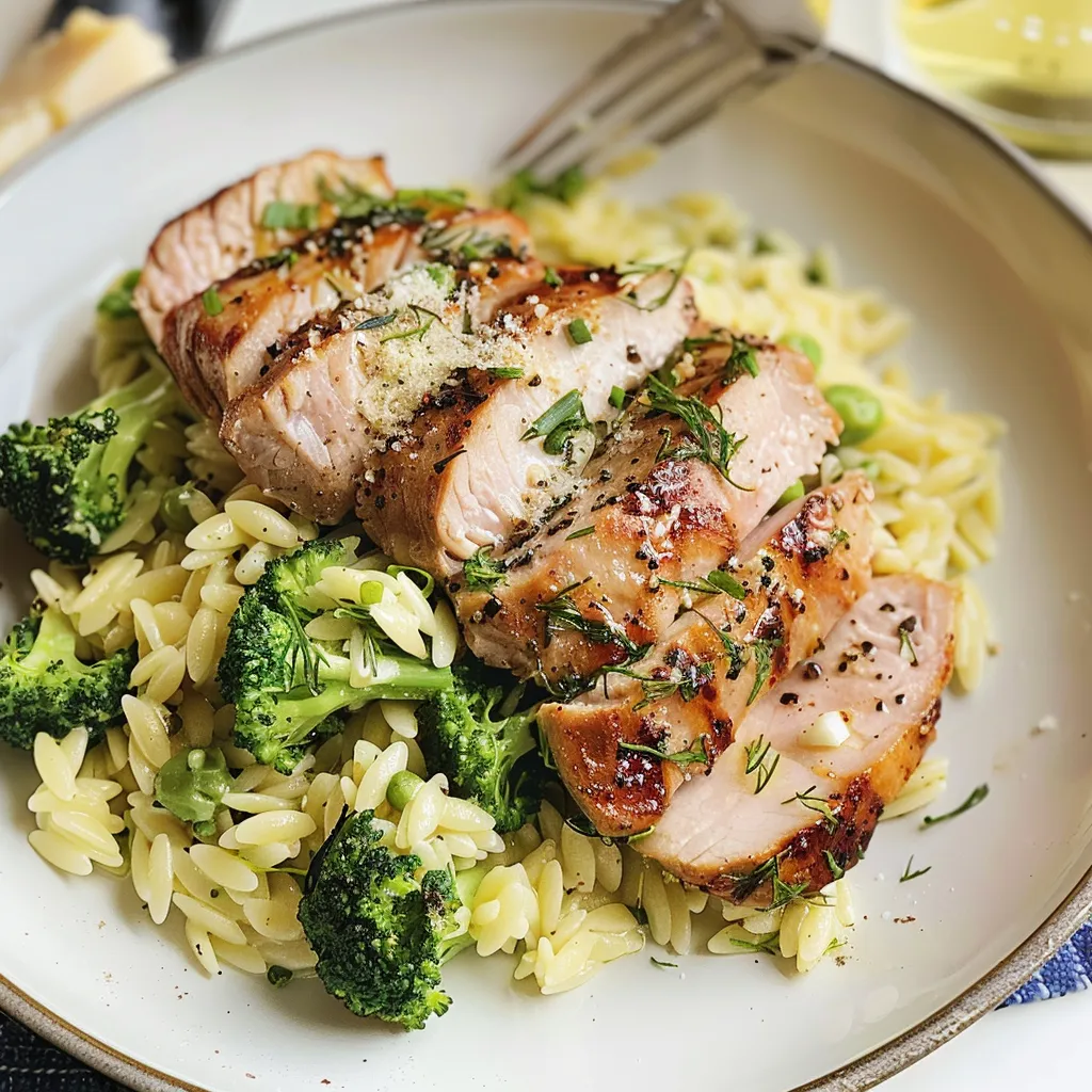 Brocoli, orzotto, porc épicé