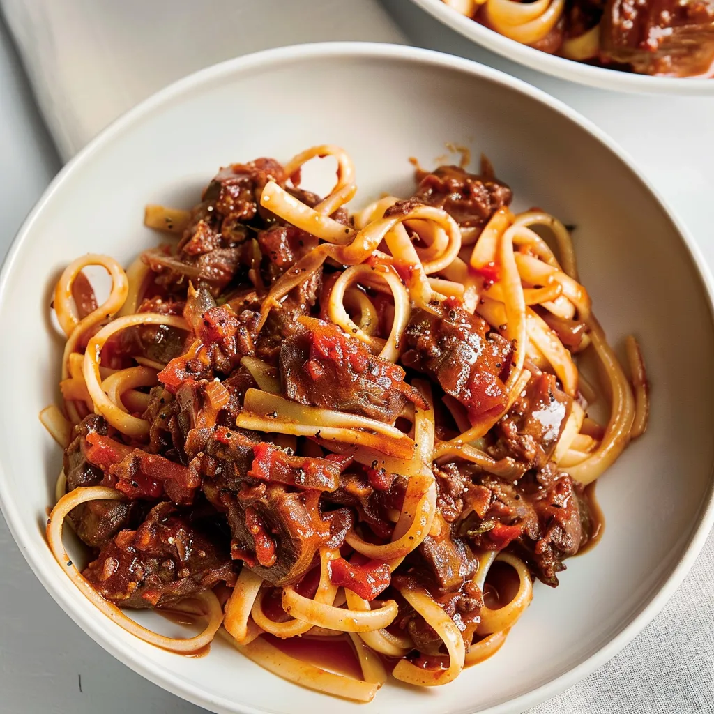 Linguines gourmandes à l’agneau mijoté et olives