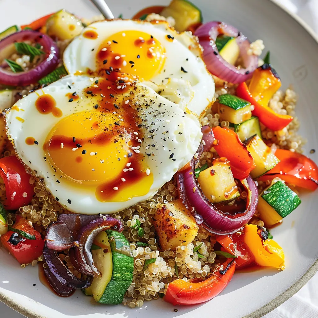 Œufs au plat et légumes dorés au sésame