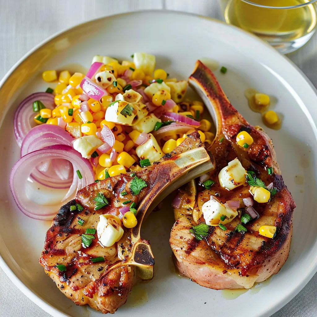Côtelettes de porc, maïs et oignons marinés