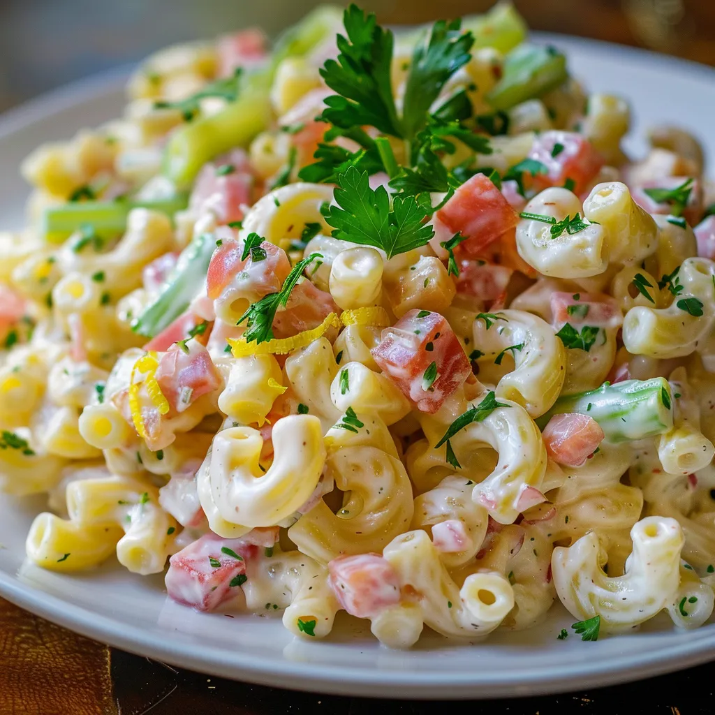 Préparez une salade savoureuse de macaronis au jambon et moutarde