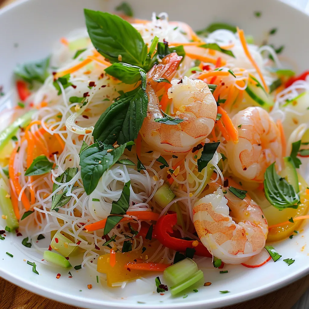 Bol de vermicelles froids avec crevettes et légumes croquants