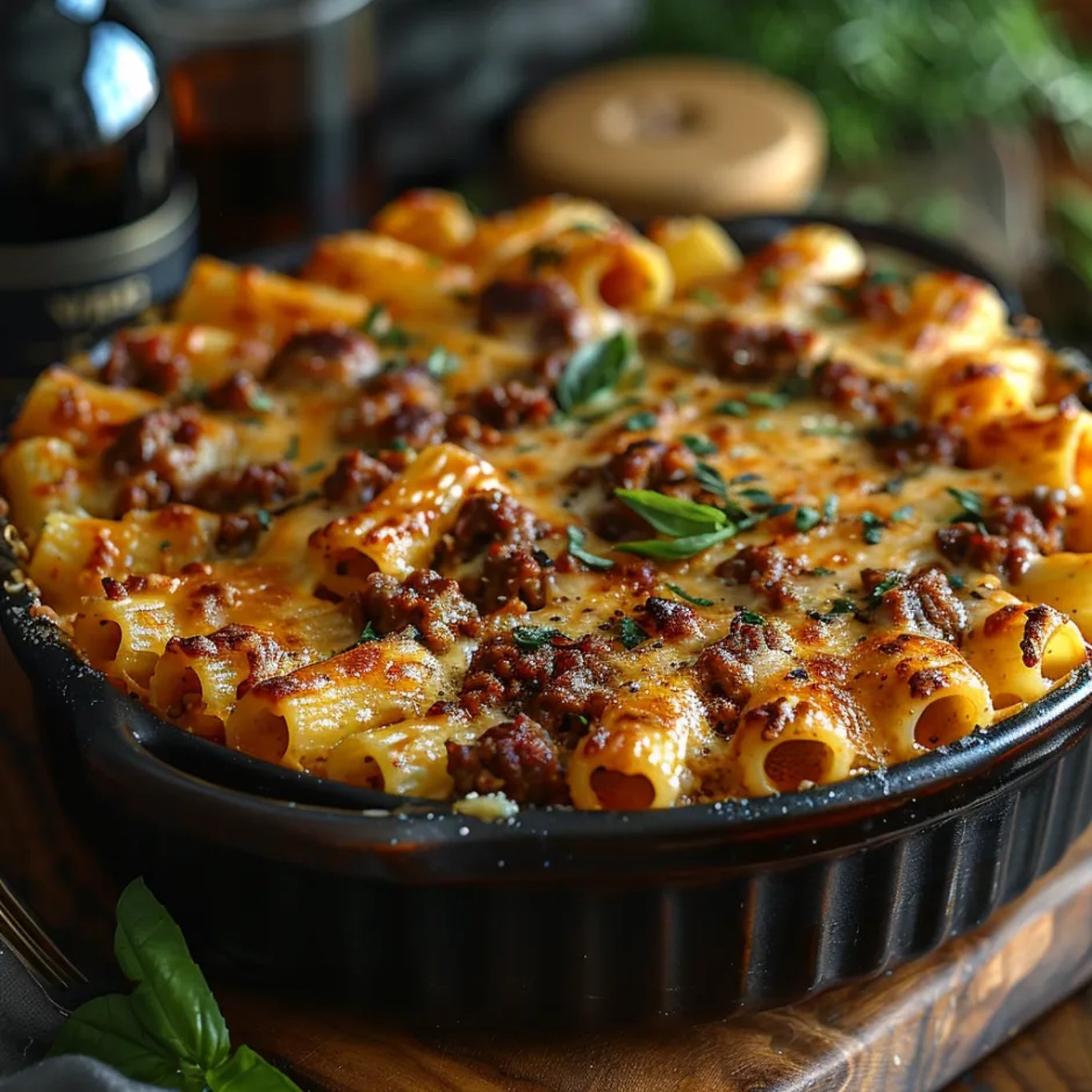 Plat de pâtes gratiné au fromage et au bœuf servi bien chaud dans un bol en bois.