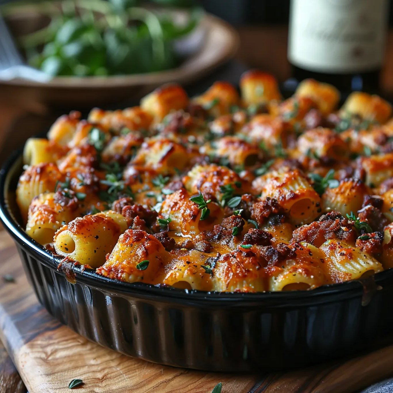 Un gratin de pâtes au bœuf et fromage servi sur une table.