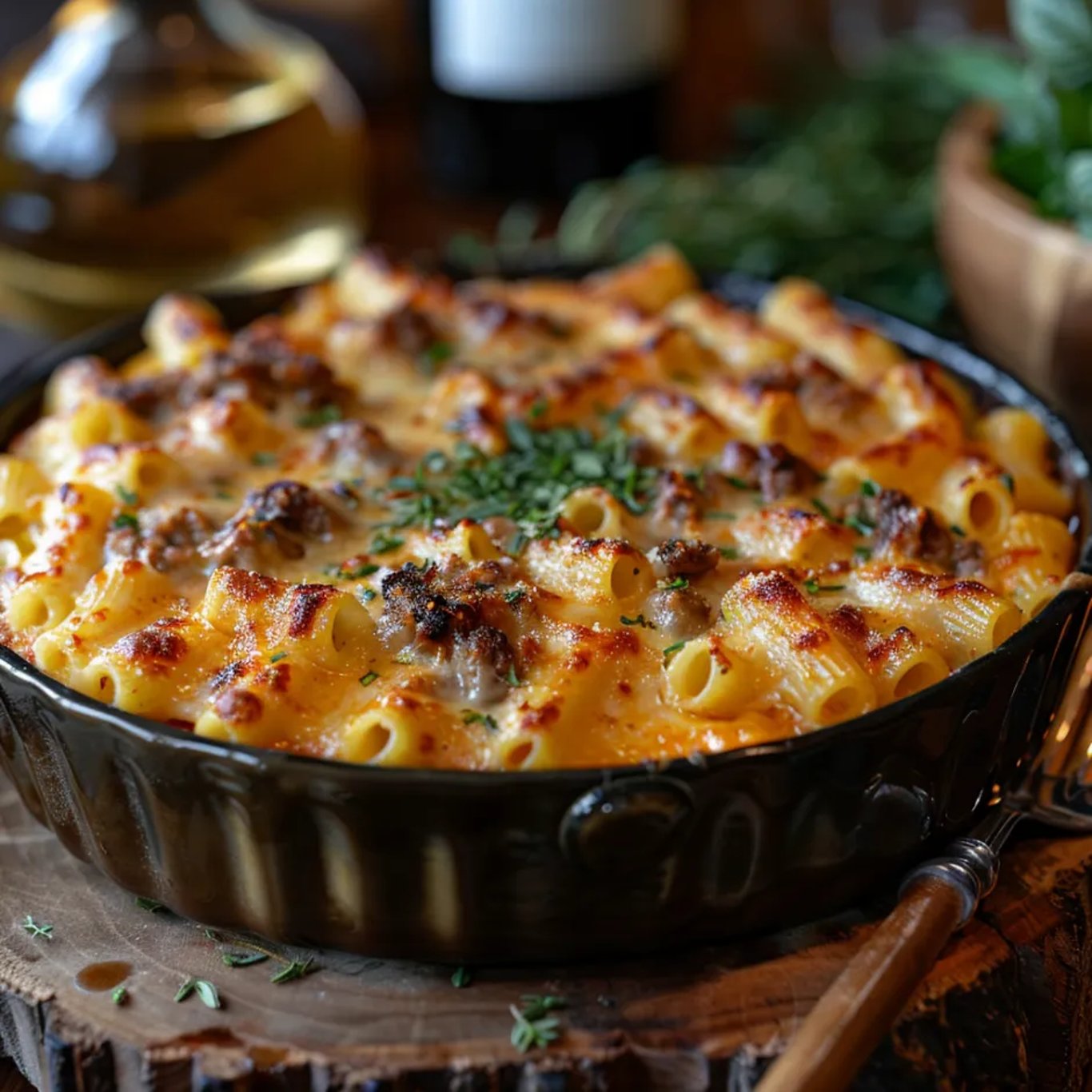 Un gratin chaud de pâtes bœuf fromage bien fondant, servi dans un bol en verre.