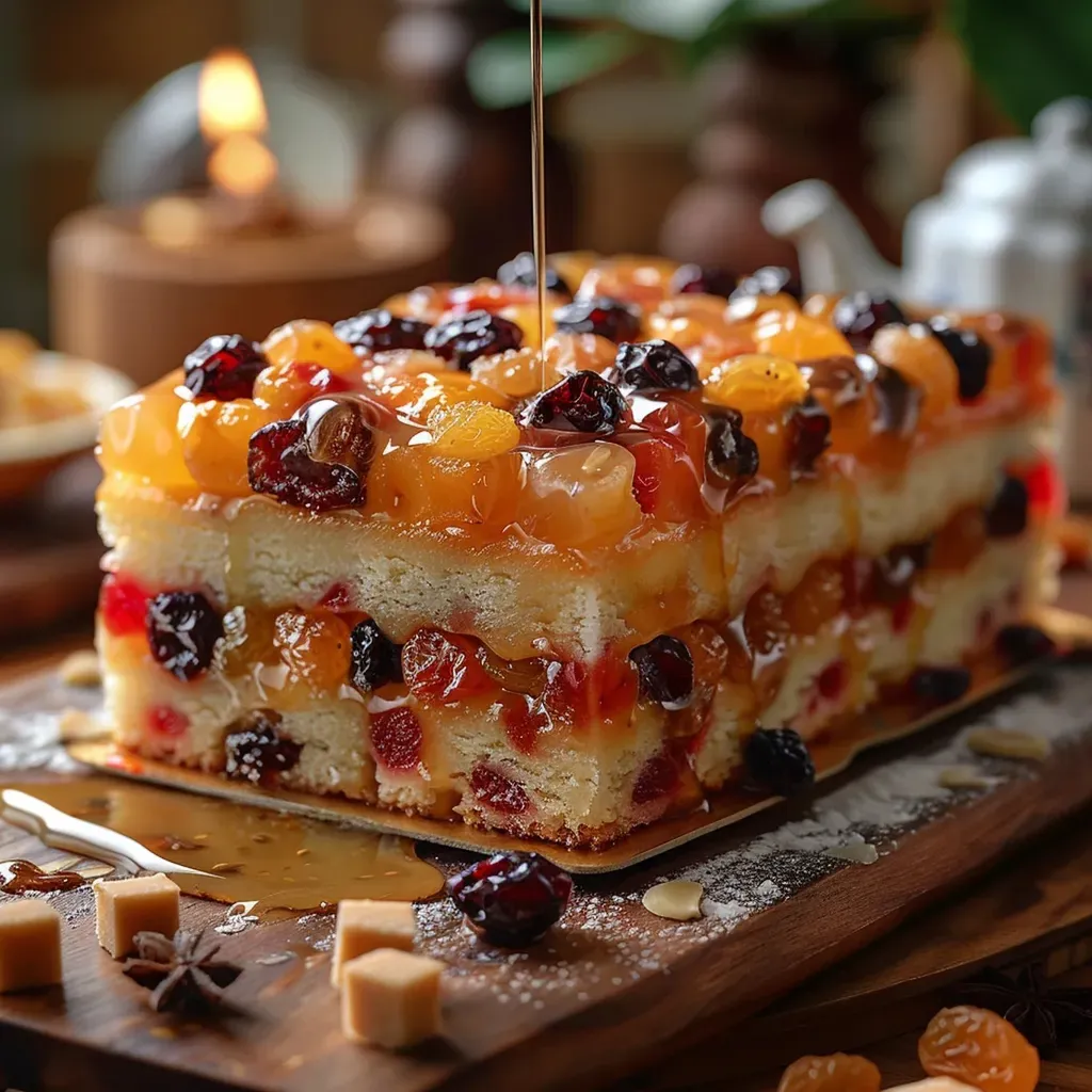 Une tarte garnie de fruits, chocolat et caramel sur un plat.