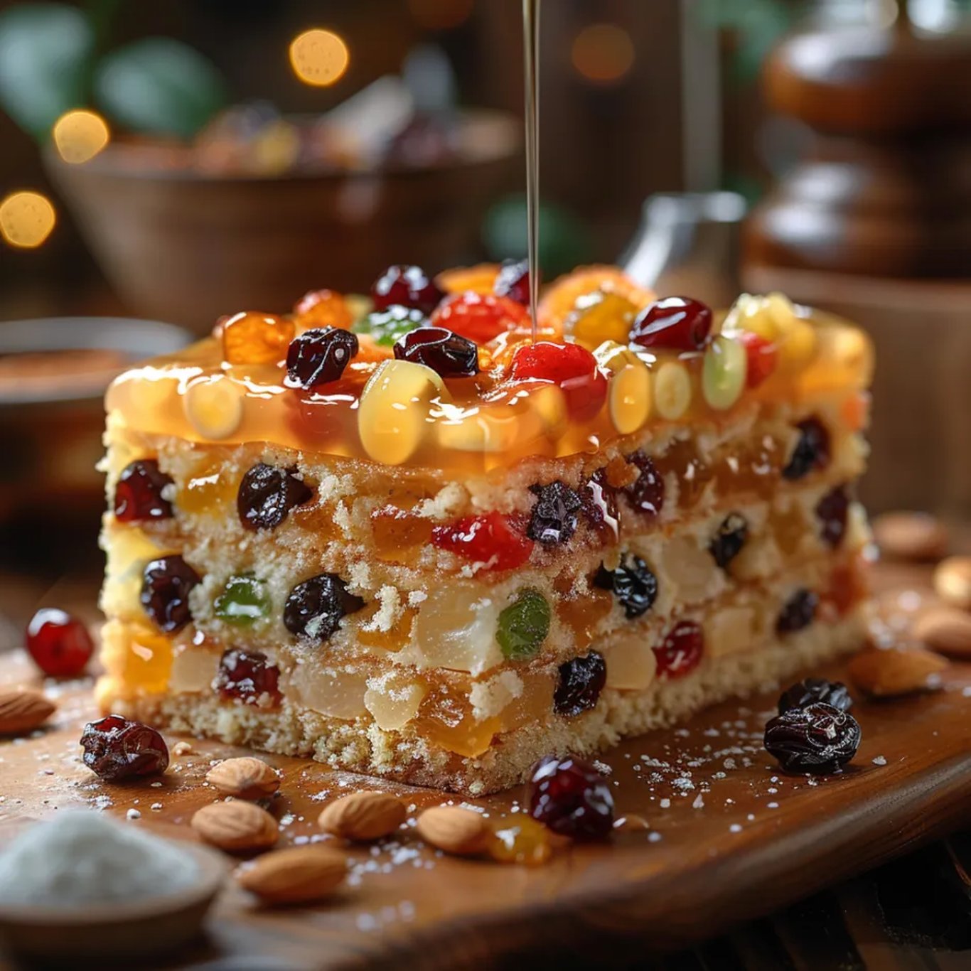 Une tarte aux fruits, chocolat, noix et raisins posée sur un plateau bois.