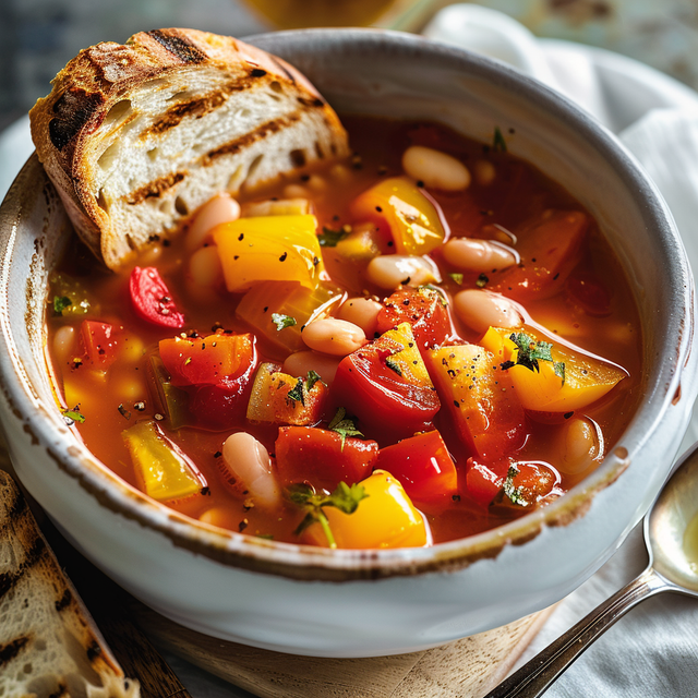 Une grande assiette de soupe de légumes et du pain doré.