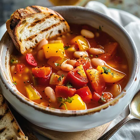 Une grande assiette de soupe de légumes et du pain doré.