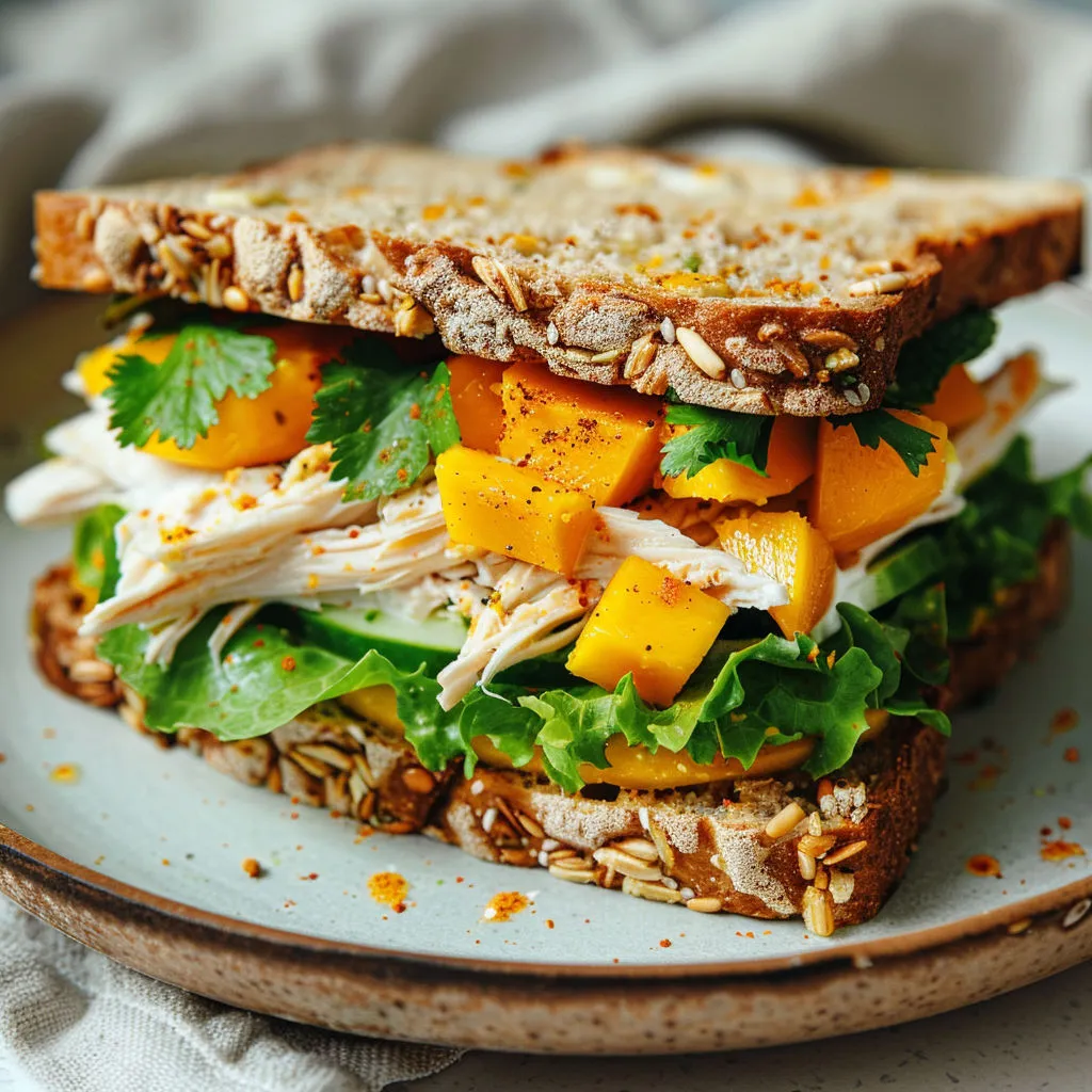 Un sandwich poulet-mangue herbes et graines, présenté sur un plateau.