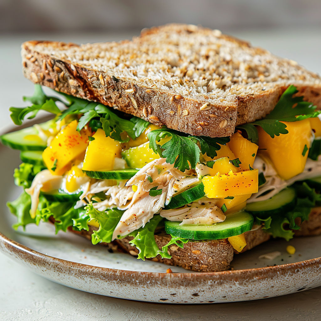 Un sandwich au poulet et à la mangue, accompagné de légumes verts et cacahuètes, prêt à croquer.