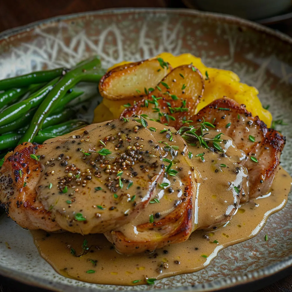 Une belle assiette de porc doré nappé de sauce crémeuse à la moutarde.