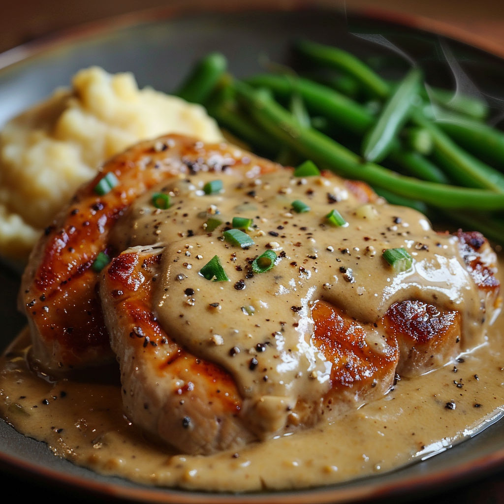 Poulet à la crème et moutarde présenté sur une jolie assiette.