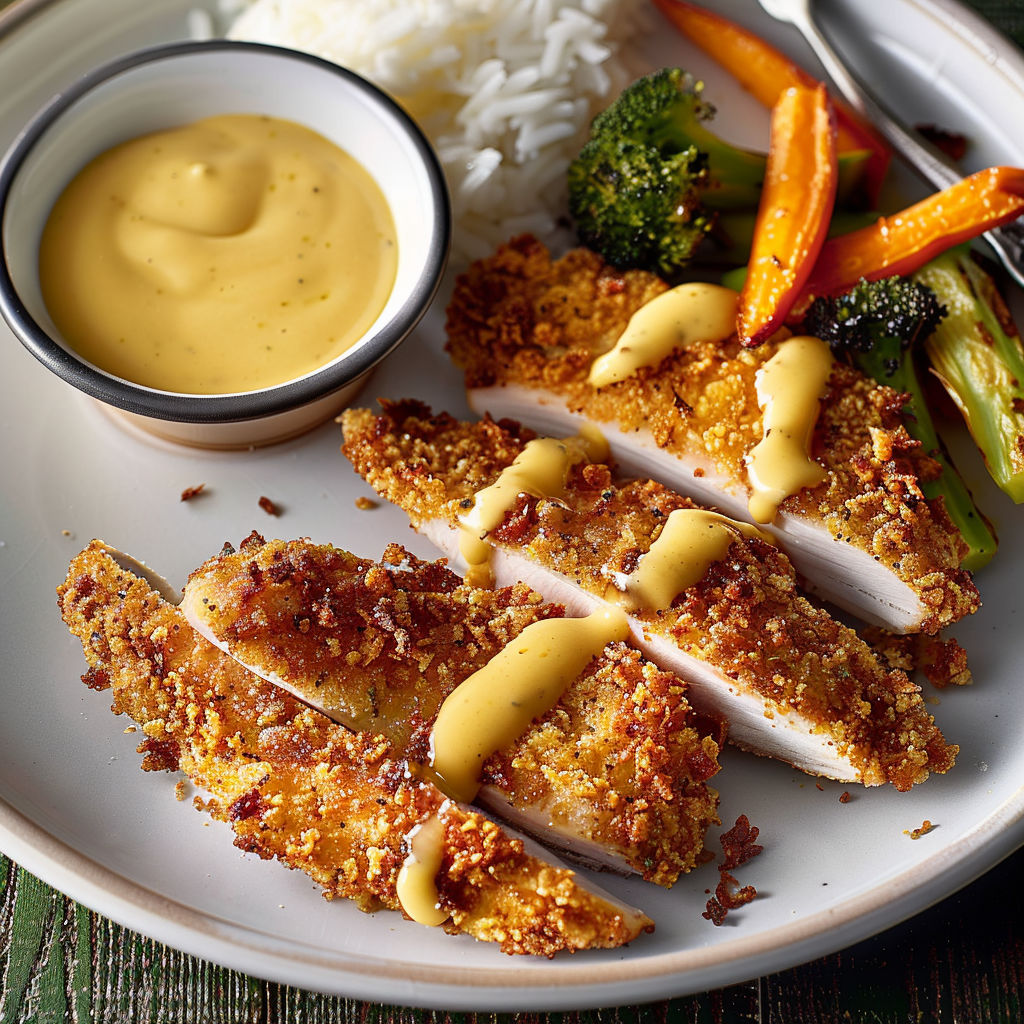Plateau de filets de dinde croustillants avec sauce miel-moutarde et légumes dorés.