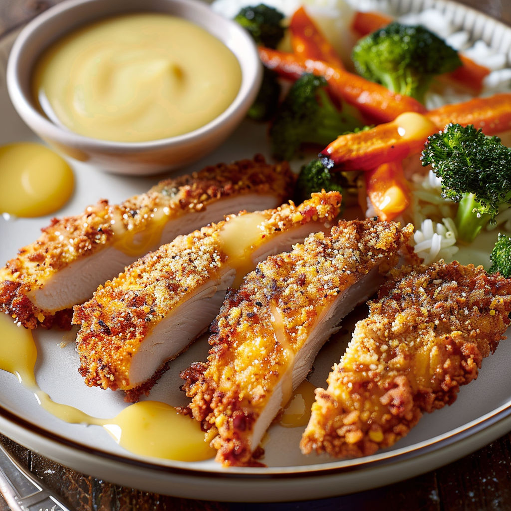Un plat plein de filets croustillants à la dinde et leur sauce miel-moutarde toute douce.