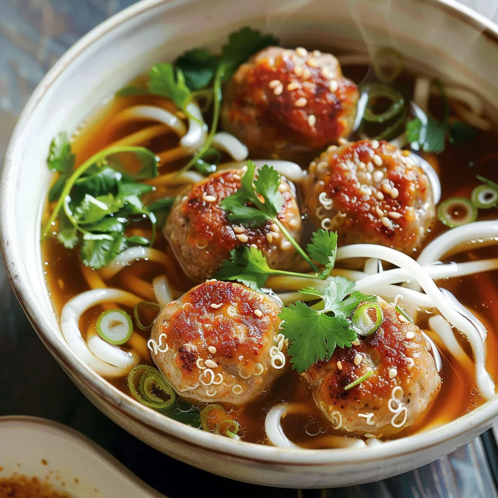 Une soupe asiatique avec boulettes et nouilles udon.