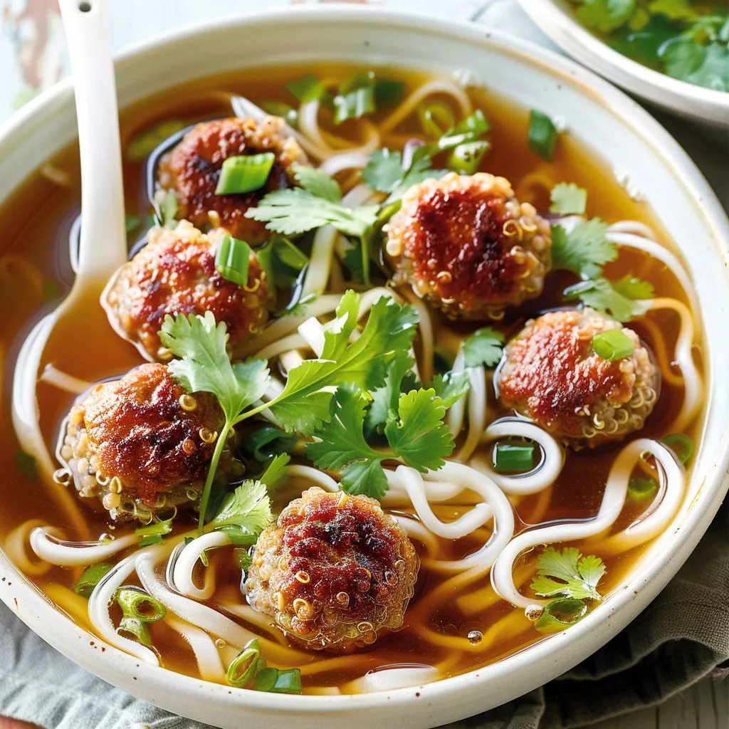 Soupe maison avec boulettes et herbes fraîches.