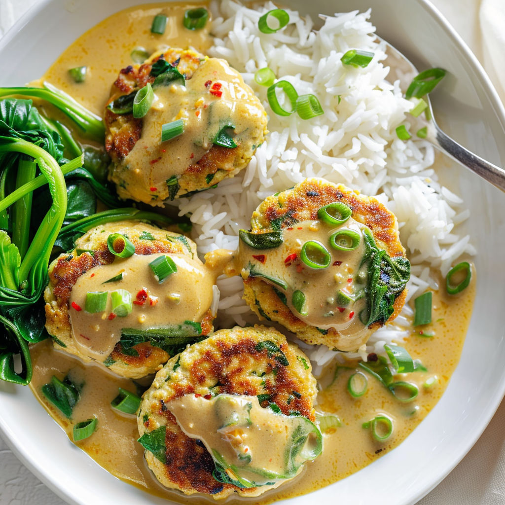 Plat de galettes de tofu et de dinde au lait de coco, avec légumes verts.