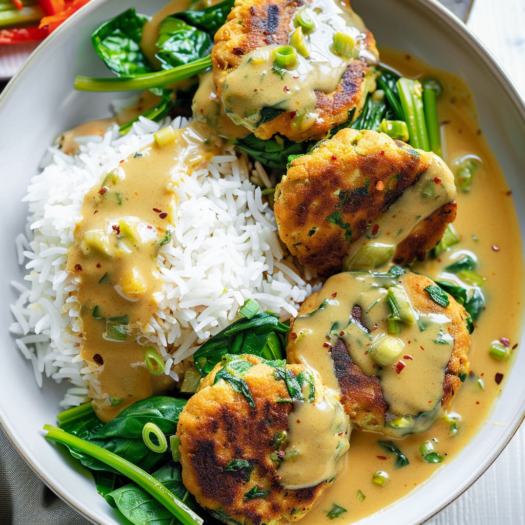 Une assiette de galettes dorées de tofu et dinde nappées de sauce coco curry bien parfumée.