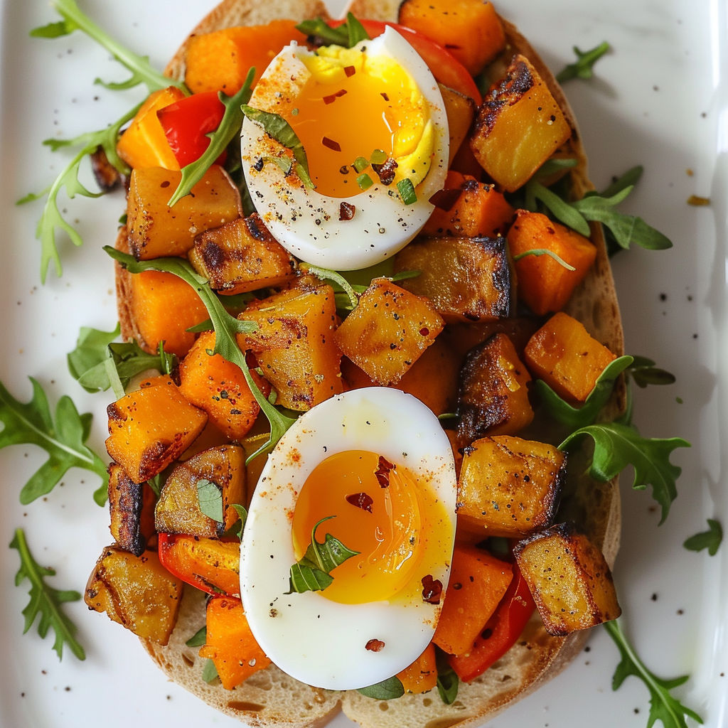 Un pain garni de légumes rôtis et d’œufs, accompagné de roquette, présenté sur une planche en toute simplicité.
