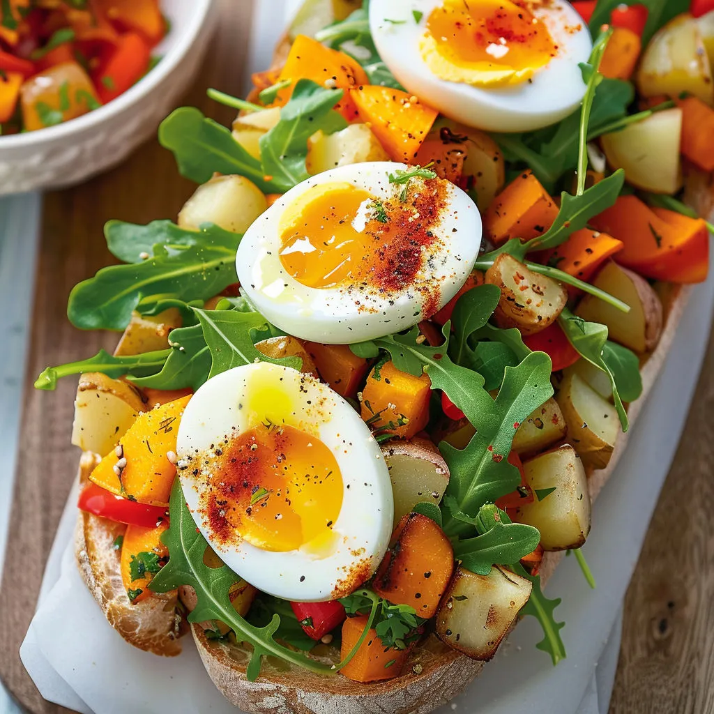Une tartine ouverte colorée avec légumes rôtis, roquette et œufs mollets.