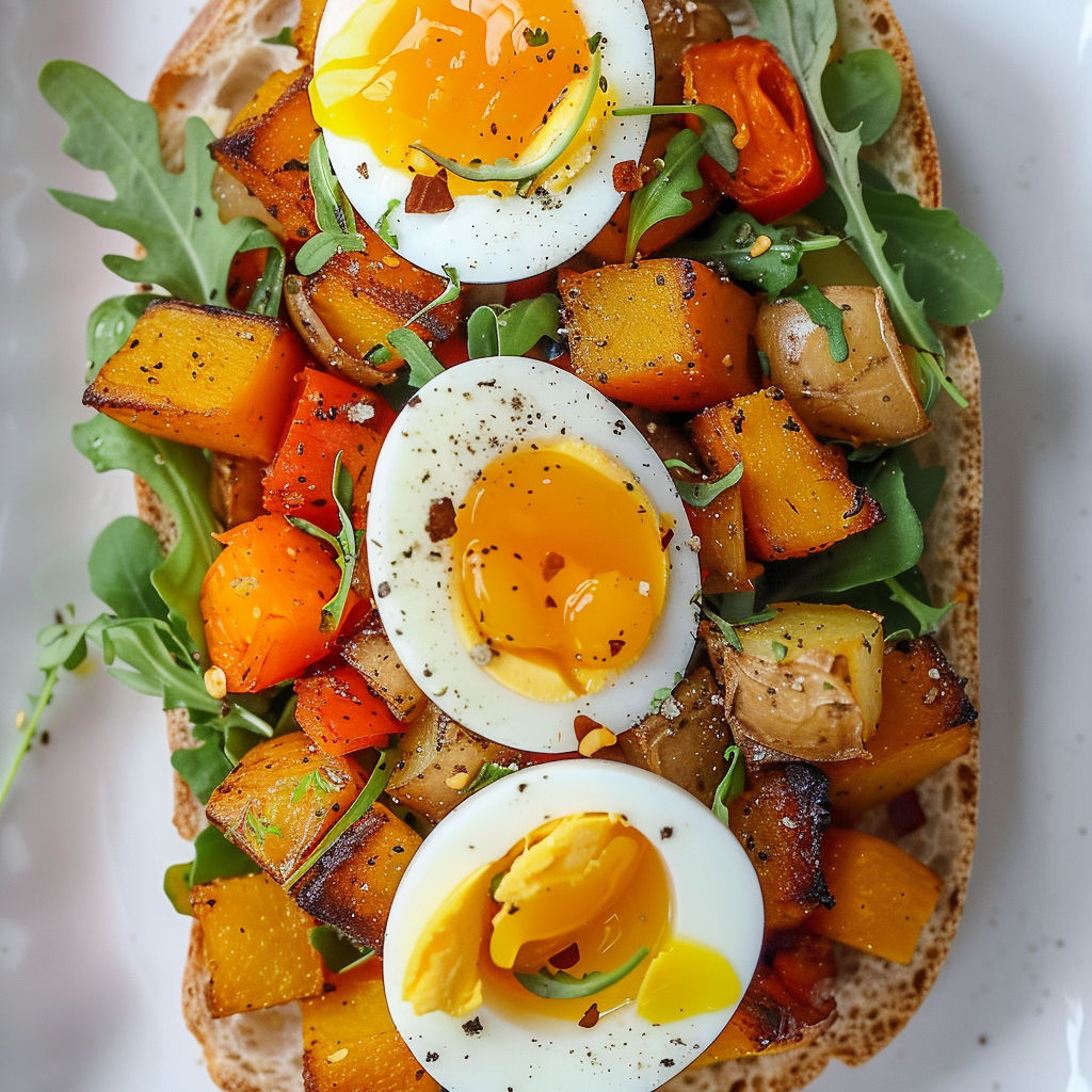 Explosion de goûts avec courge, poivron, oignon et harissa sur pain croquant.