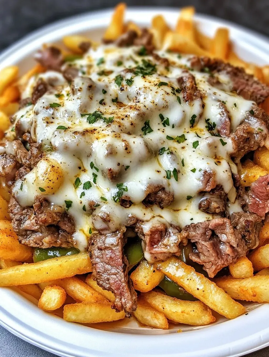 Un plat qui donne envie : frites gaufrette, steak et fromage doré en poêle.