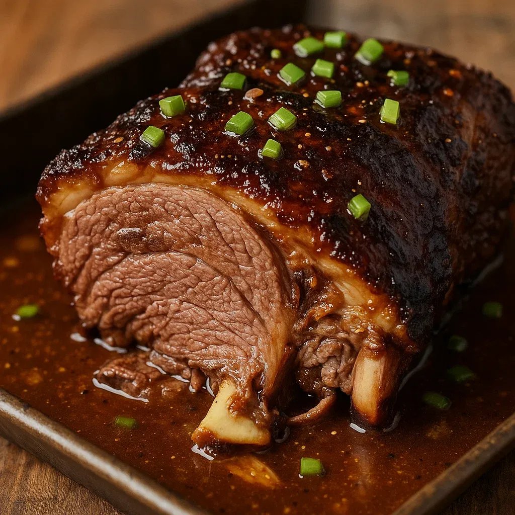 Plat de viande d’agneau grillée, nappée de miel et décorée d’herbes fraîches, dans une assiette en métal.