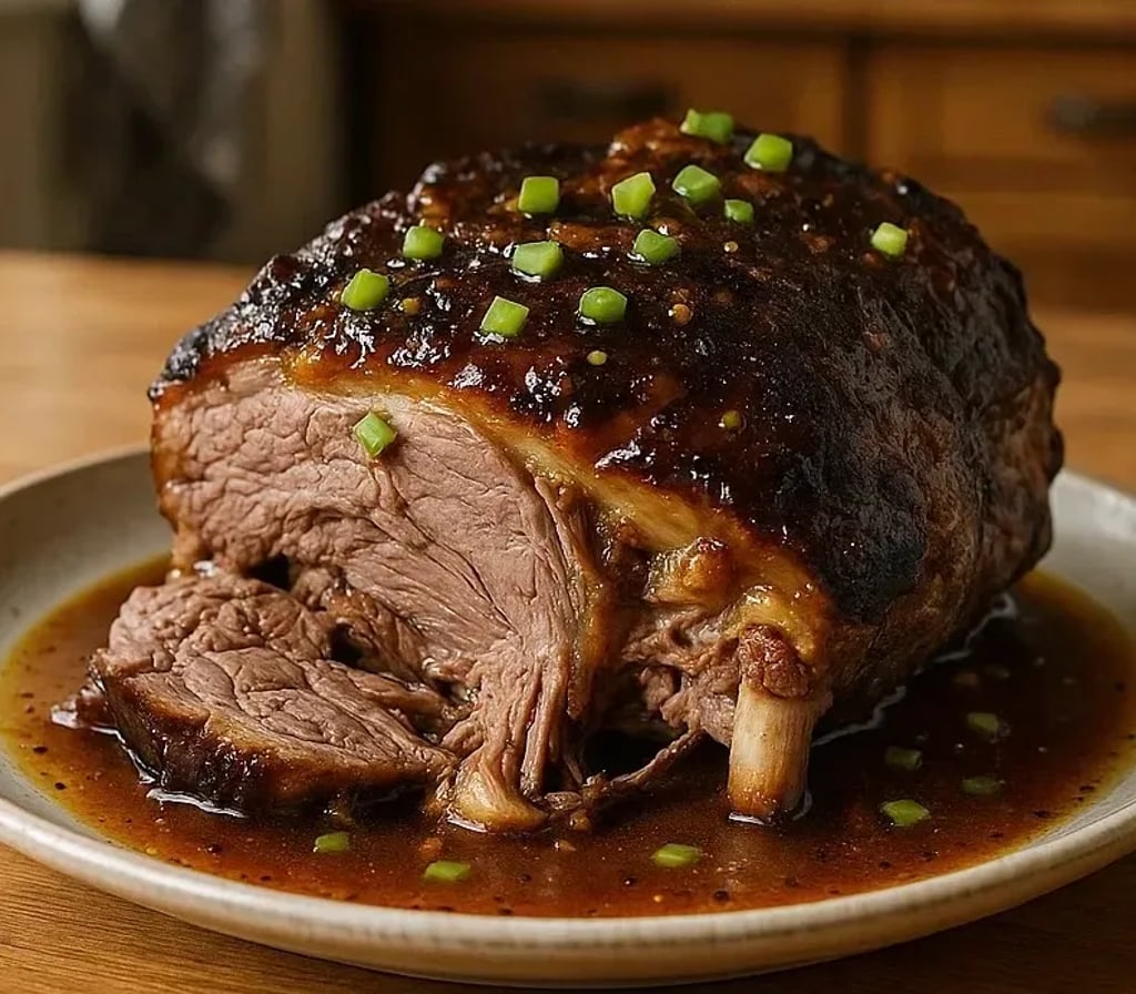 De la viande dorée avec des aromates verts posée sur un plateau.