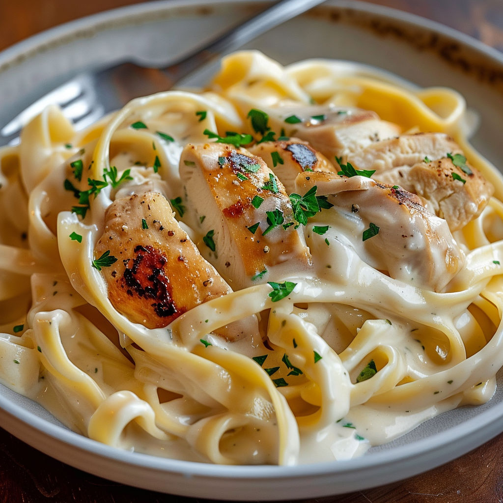 Un plat de pâtes, poulet et sauce crémeuse au fromage herbes.