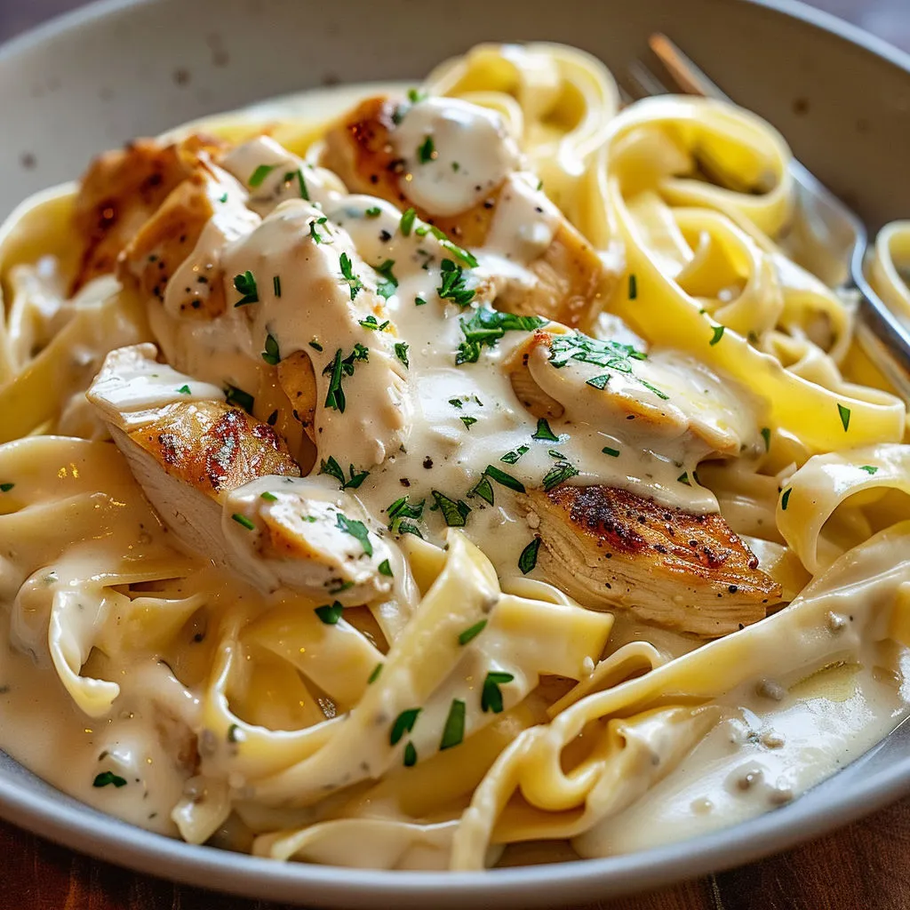 Des tagliatelles au poulet et fromage aux herbes toutes crémeuses, le plat doudou par excellence.