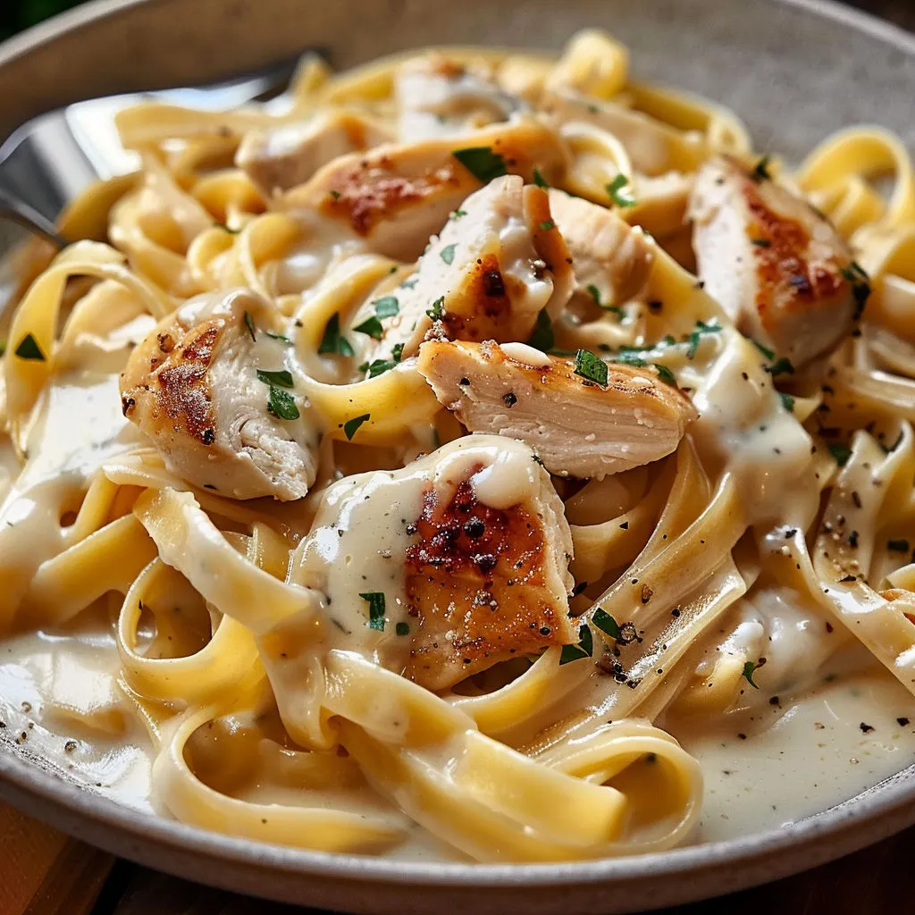Pâtes fondantes au poulet et sauce à l’ail et aux herbes, une assiette qui fait plaisir sans chichi.