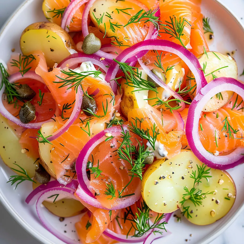 Dans un bol, une salade nordique bien gourmande avec saumon fumé, pommes de terre et aneth.