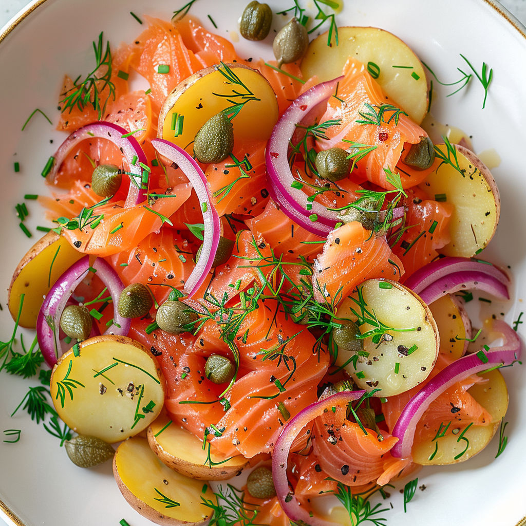 Sur un plateau, salade d’été au saumon fumé, pommes de terre et épinards pour un partage convivial.
