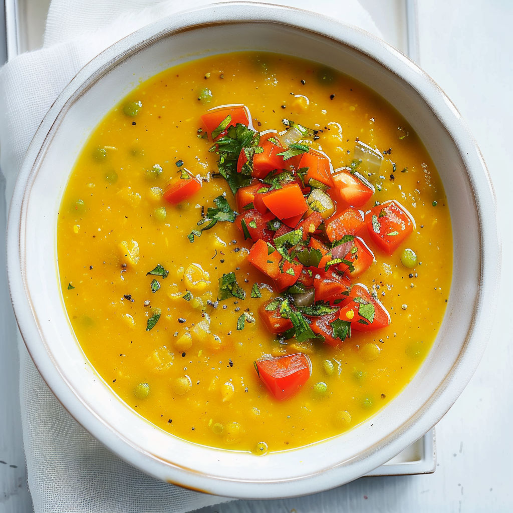 Un velouté de pois jaunes et tomates servi dans un bol.