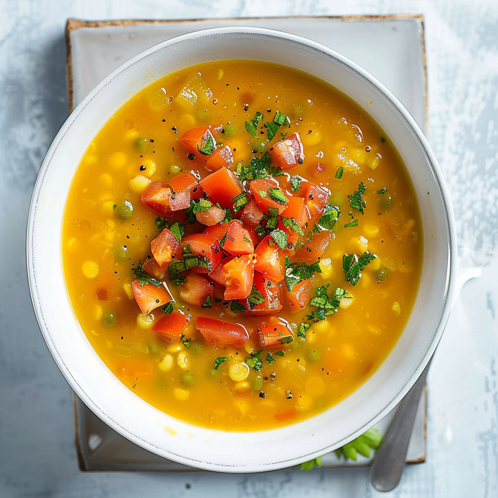 Un bol généreux de soupe crémeuse aux pois cassés avec tomates fraîches et herbes. C'est doux, coloré et super parfumé.