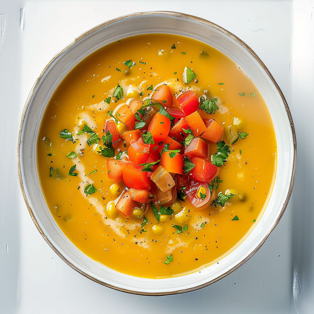 Un bol jaune doré plein de douceur avec des pois cassés, tomates, herbes fraîches et un zeste de citron.