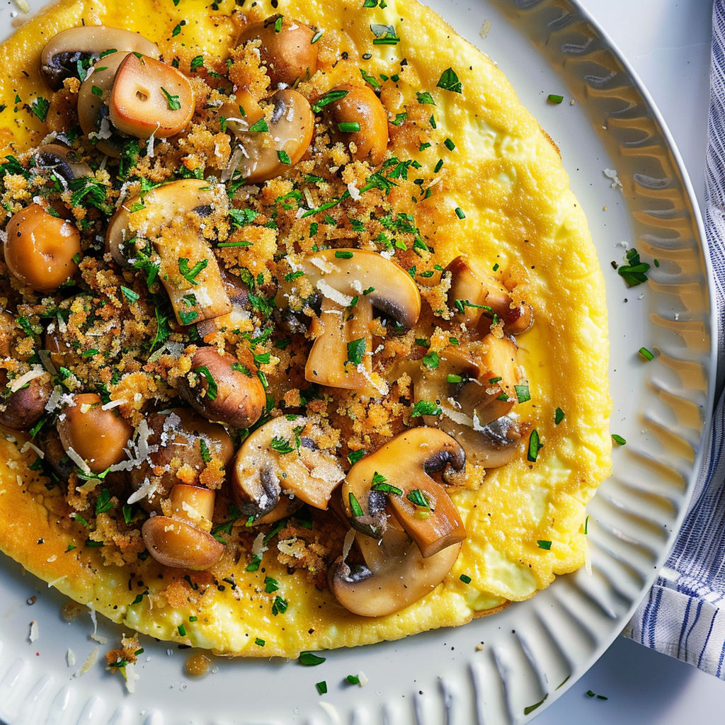 Un plat d’omelette aux champignons avec une chapelure dorée et herbes fraîches.