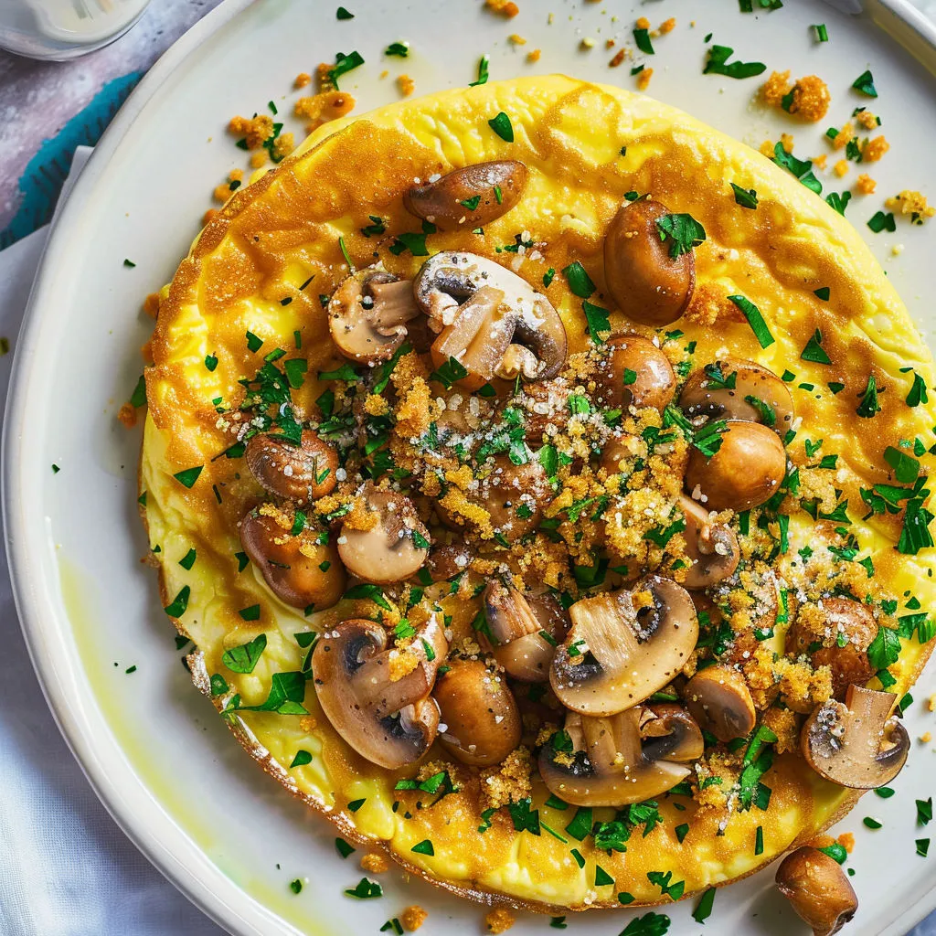 Sur un plat, une omelette recouverte de champignons dorés et de chapelure croustillante aux herbes.