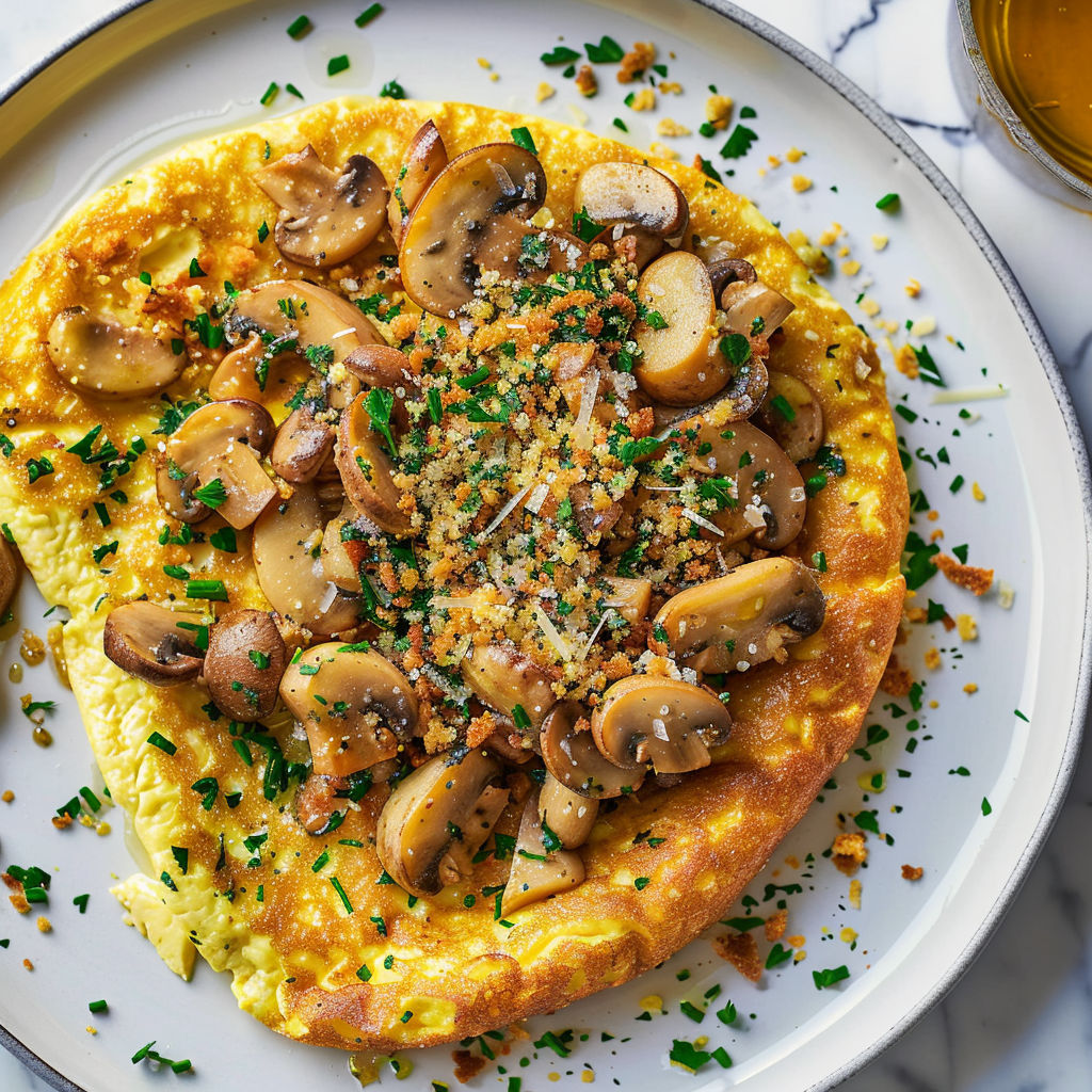 Sur un plateau, on voit une omelette aux champignons bien dorés et de la chapelure aux herbes par-dessus.