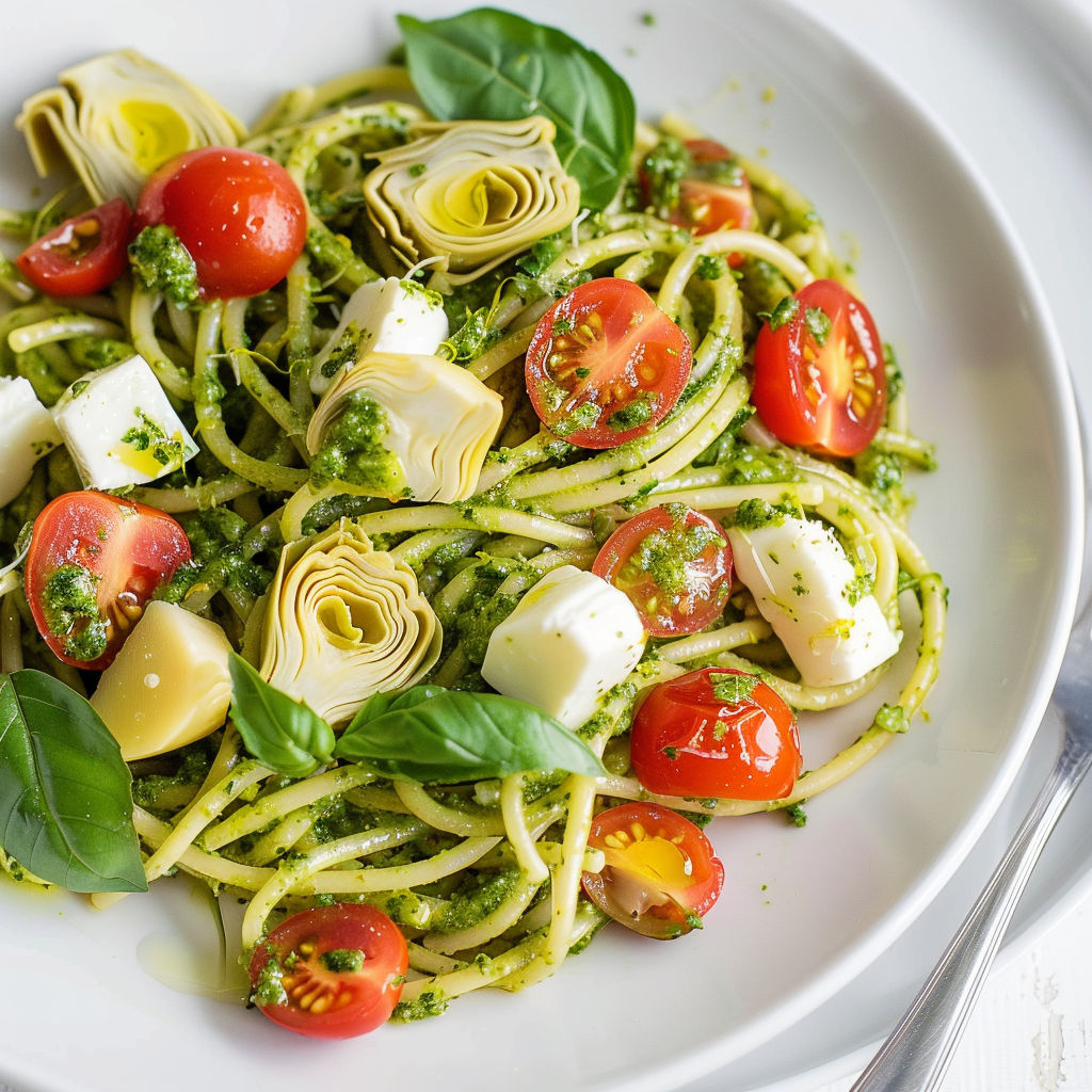 Plat de spaghettis servis avec du pesto, des tomates cerises et des artichauts légèrement huileux.