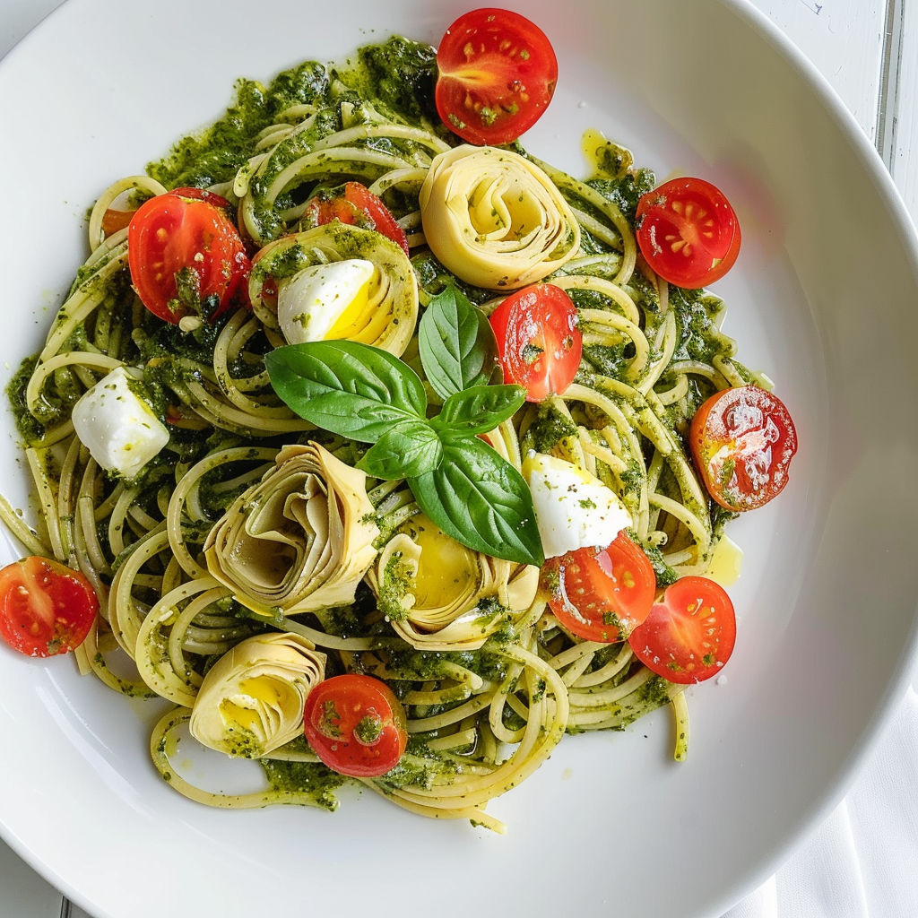 Assiette remplie de spaghettis au pesto, artichauts ultra tendres et tomates cerises flashy.