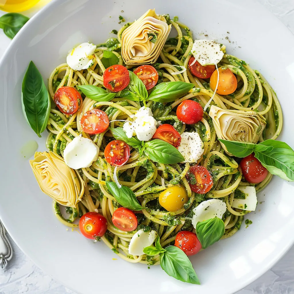 Assiette colorée de spaghettis avec basilic, bocconcini, artichauts et tomates fraîches.