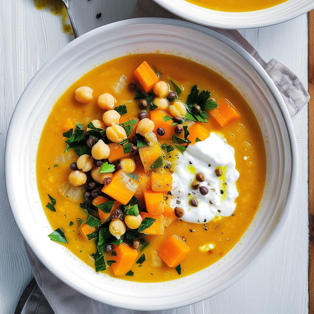 Soupe fumante avec légumes et pois chiches enrichis d’épices.
