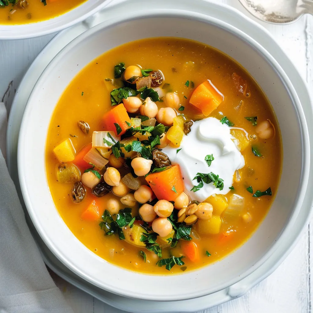 Un bon bol chaud aux légumes hivernaux, pois chiches, et épices tout doux.