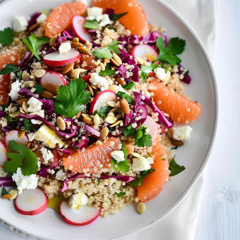 Un grand bol rempli de morceaux de fruits, légumes colorés et fromage frais sur de jeunes pousses vertes.