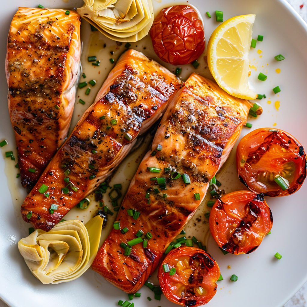 Plat méditerranéen : saumon doré, tomates et artichauts.