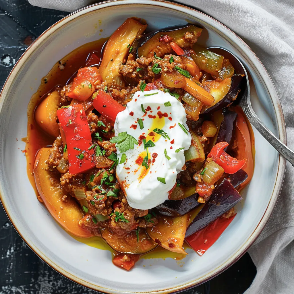 Plat savoureux d'aubergines et viande aux épices et poivrons.