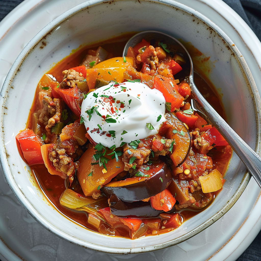 Mijoté d'aubergine tendre avec viande hachée et poivrons.
