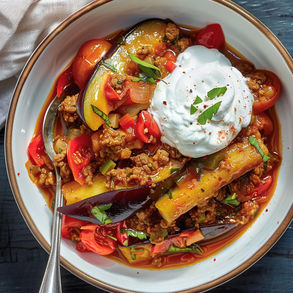 Bol d’aubergine fondante recouvert de yaourt grec et d’origan.